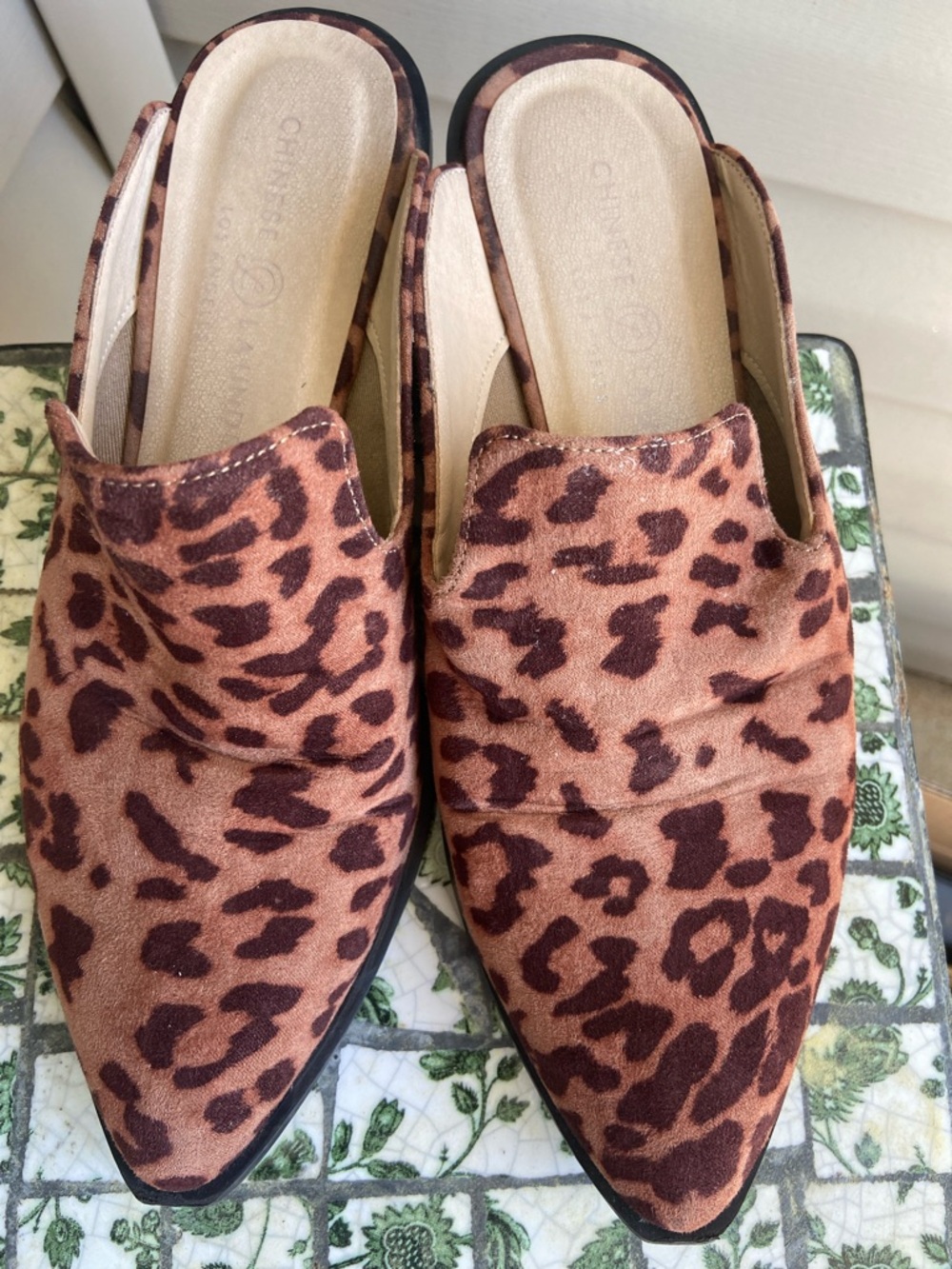 Chinese Laundry Leopard Print Pointed Toe Slip-On Mules in Brown